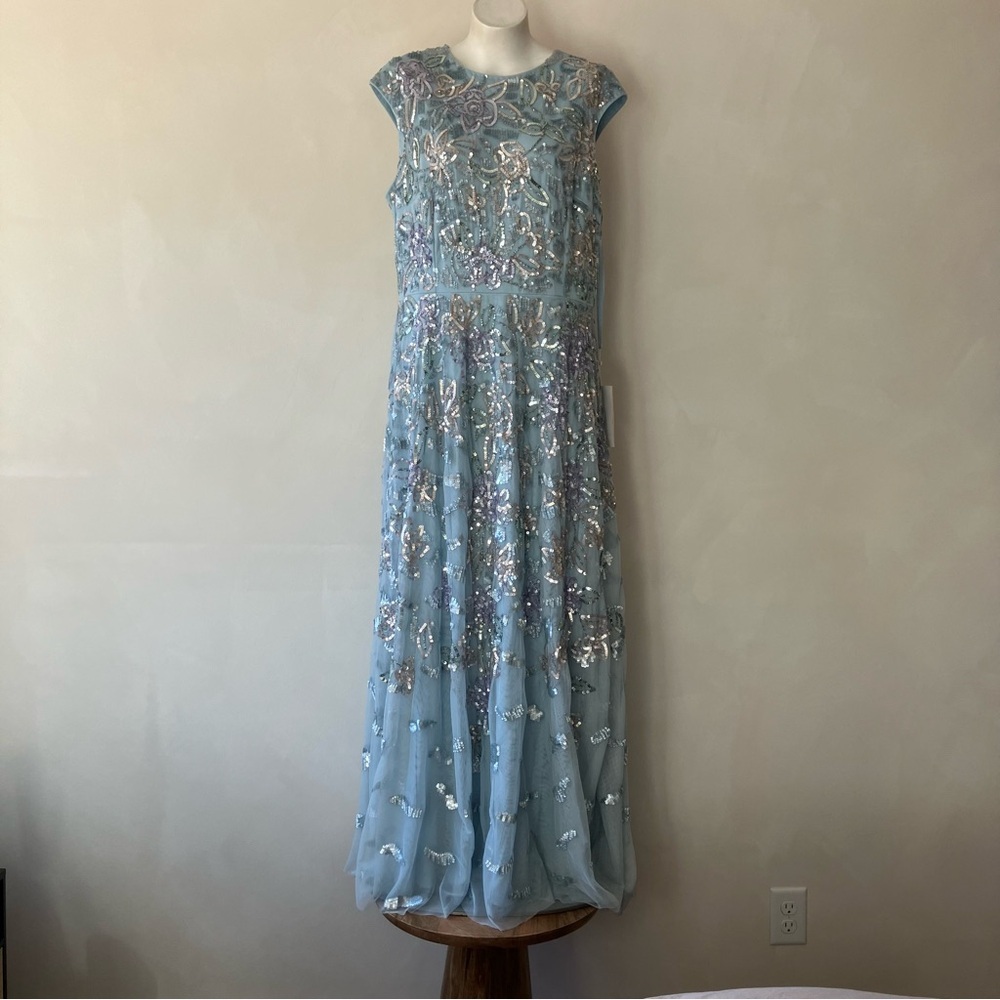 Mac Duggal | Sequined High Neck Baby Blue Cap Sleeve A Line Gown Plus Size - Picture 2 of 15